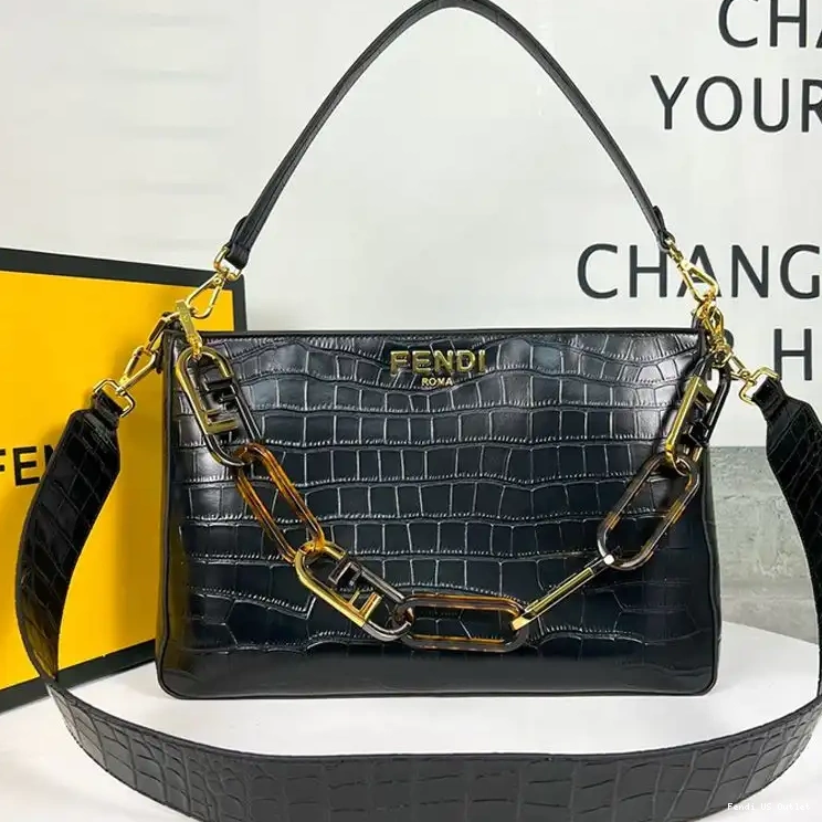 Affordable HOT O'Lock Crocodile Fendi In Zip Shoulder Leather Bag Black 0527